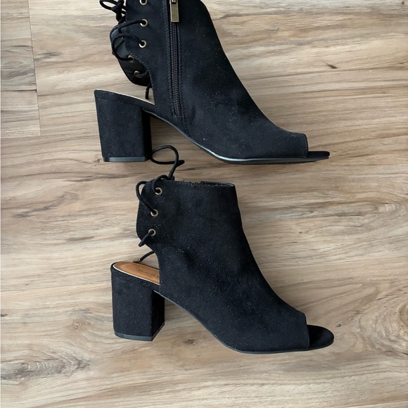 Black Peep-Toe Block Heel Ankle Boots - Picture 1 of 6